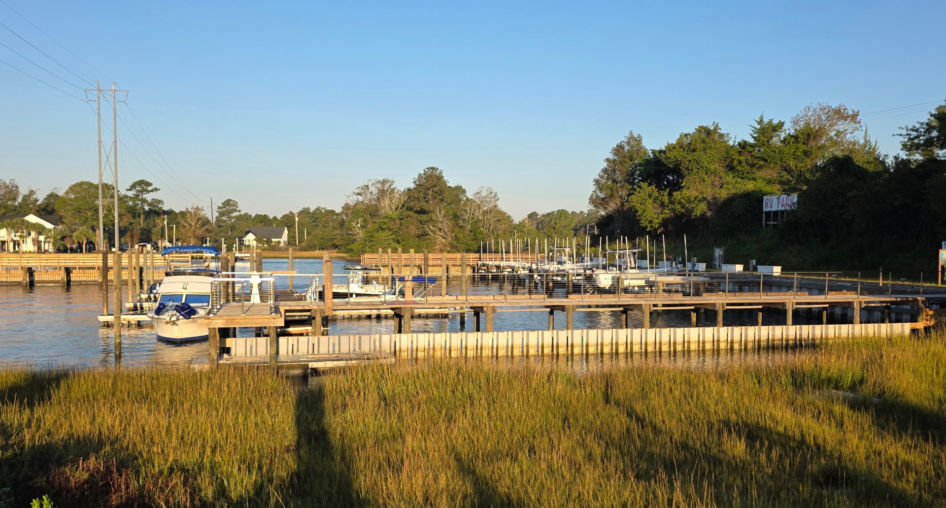 Floating docks and boat slips at Core Creek Marina beside site CCR9-106