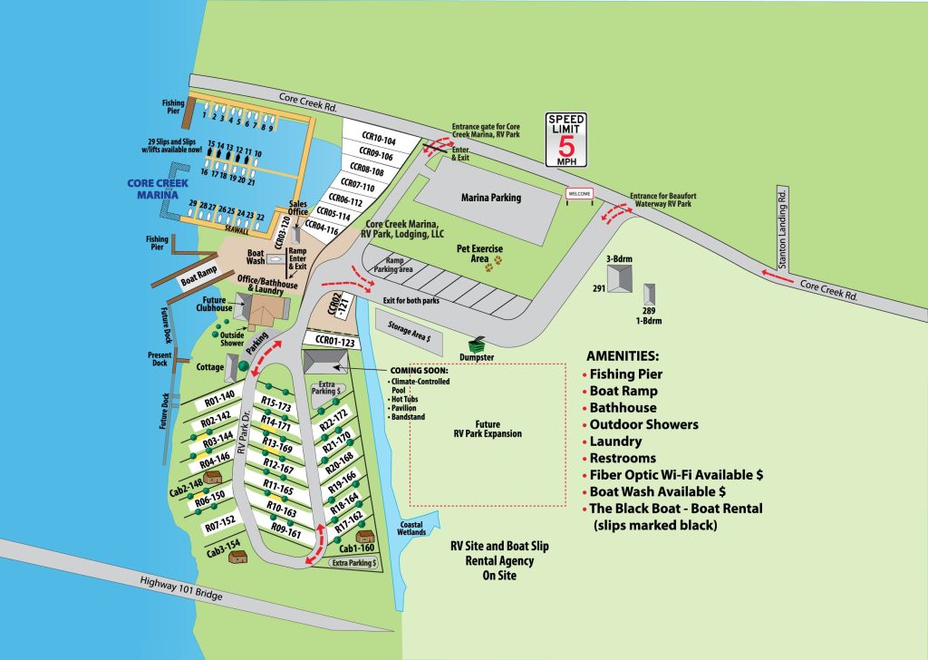 Beaufort Waterway RV Park site map showing RV sites, cabins, office, pier and boat ramp