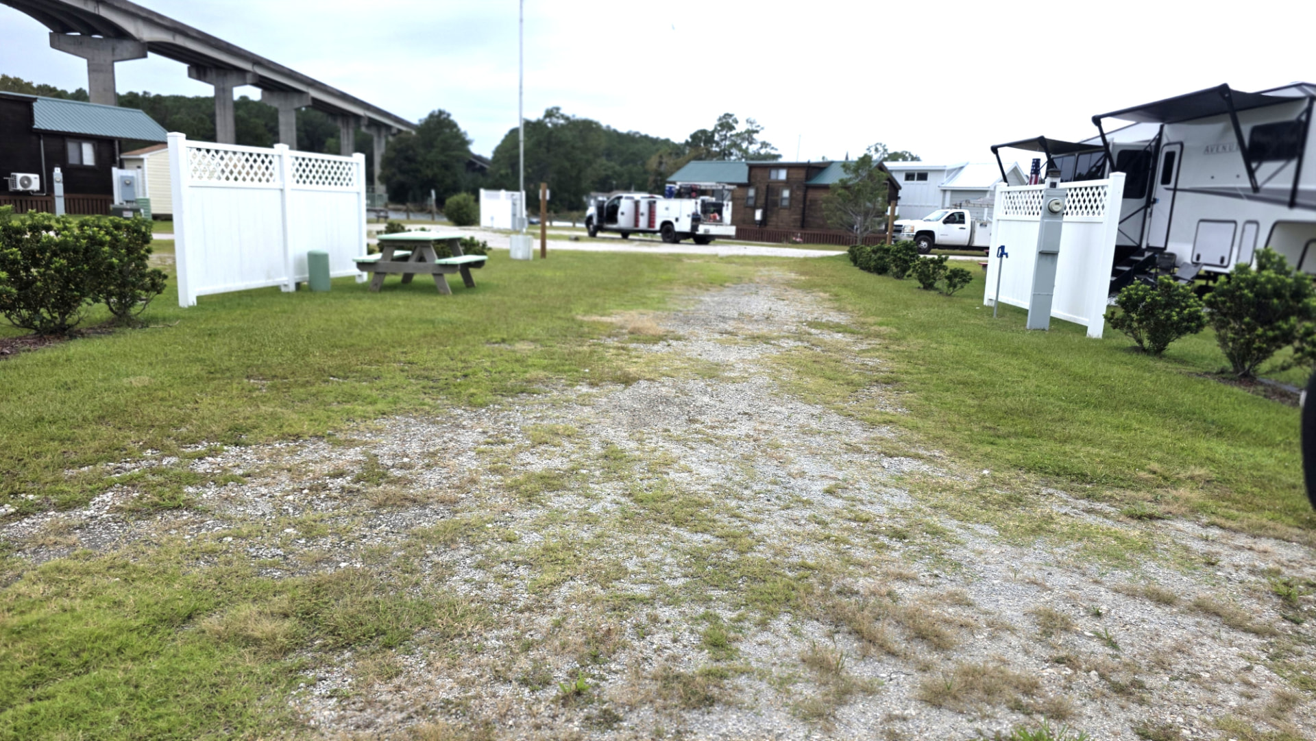 RV site 10 pull-through gravel pad with lawn, picnic table and utility connections