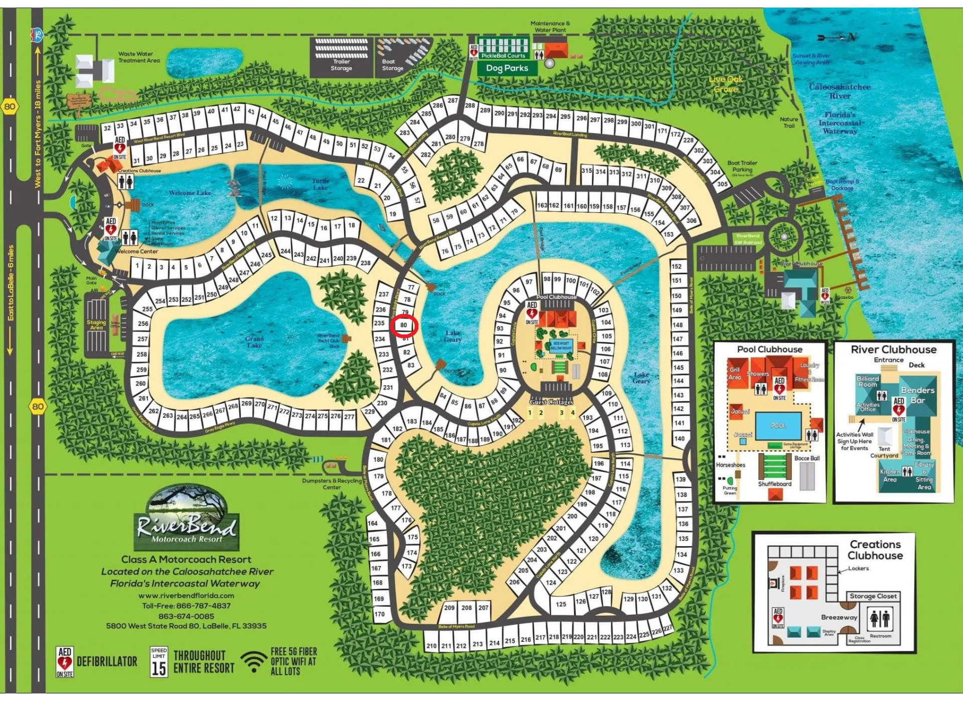 RiverBend Motorcoach Resort map showing numbered lots, roads, lakes, clubhouses, dog parks and river access