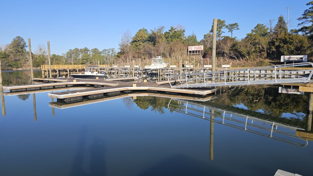 Floating docks and boat slips at Core Creek Marina