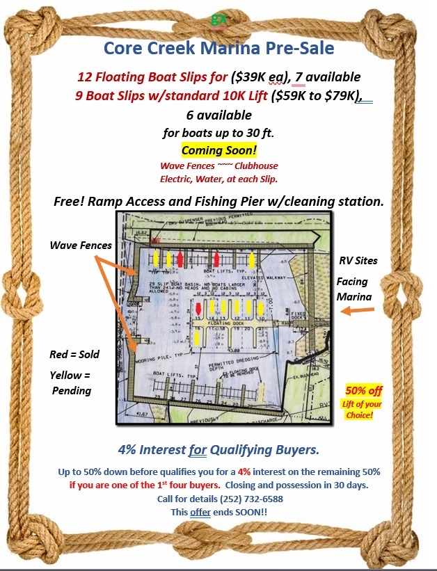 Core Creek boat slip pre-sale information graphic (JPG image)